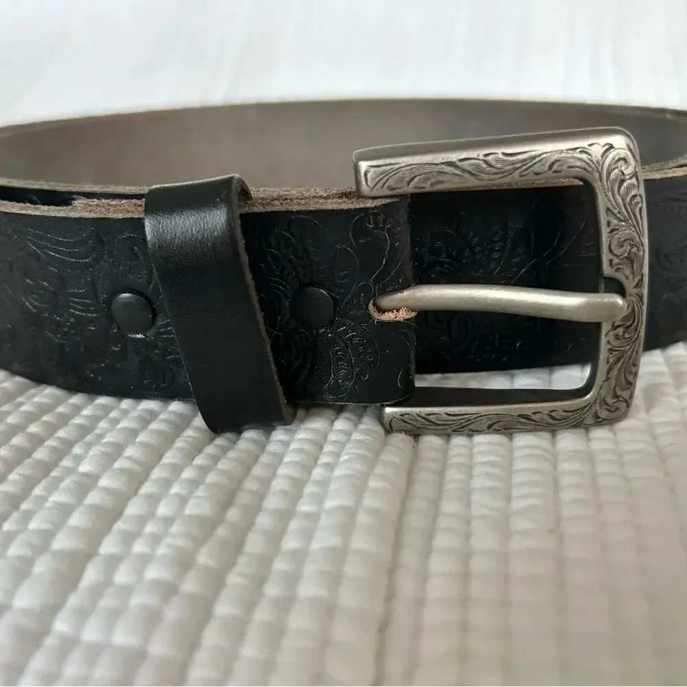 Mens Black Embossed Genuine Leather Embossed Western Inspired Belt Silver Buckle